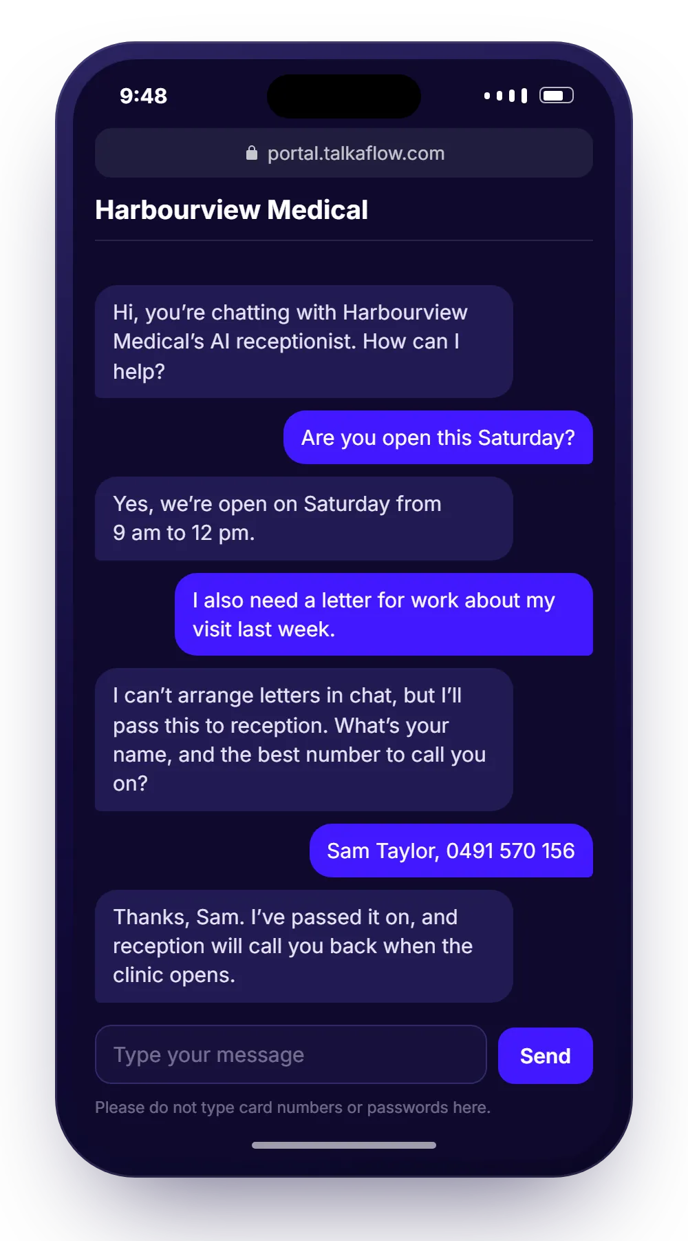 A phone showing the talkaChat chat link of a fictional clinic, Harbourview Medical, at 9:48 pm: the patient asks whether the clinic is open on Saturday and gets the hours, then asks for a letter for work, and the AI takes their name and number and passes it to reception.