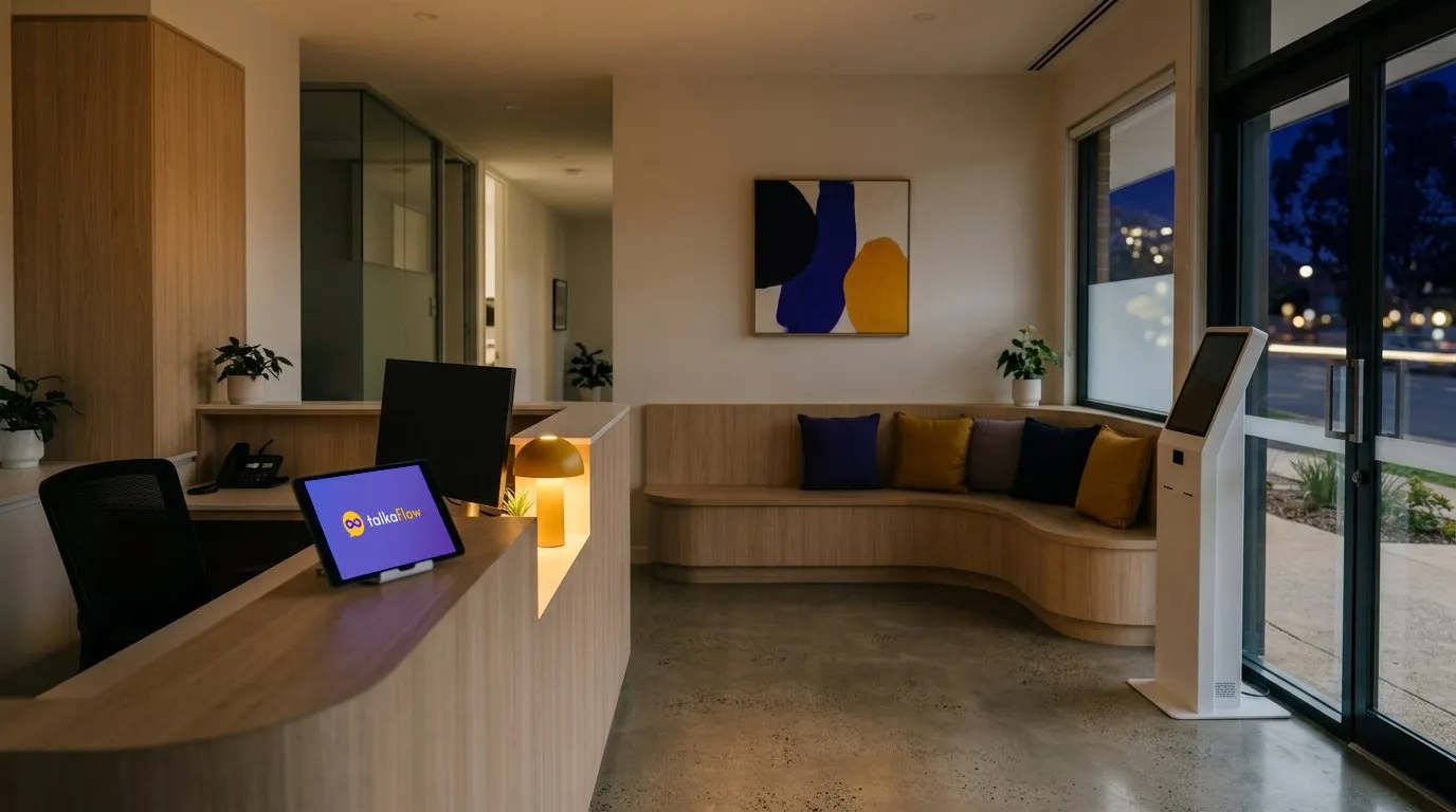 The same reception after closing: lights dimmed, a lamp on, a tablet on the desk showing talkaFlow, and evening street lights through the glass doors