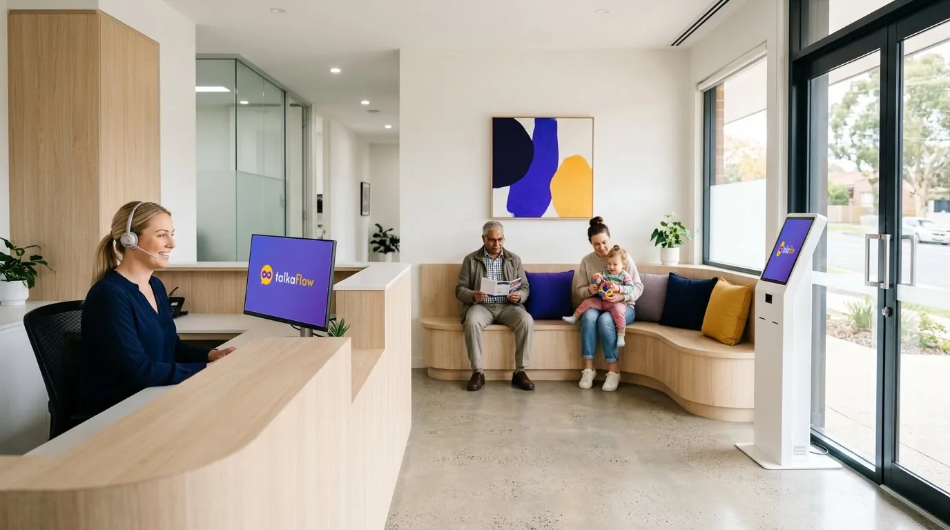 A modern clinic reception: a receptionist in a headset smiles at a screen showing talkaFlow, an older man and a young mother with her toddler wait on the bench, and a self check-in kiosk stands by the glass doors