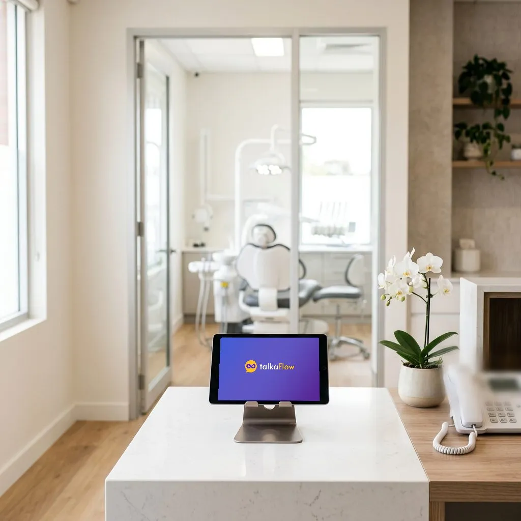 A dental practice reception: a tablet showing talkaFlow on a white stone counter with an orchid and a desk phone, a treatment room through the glass door