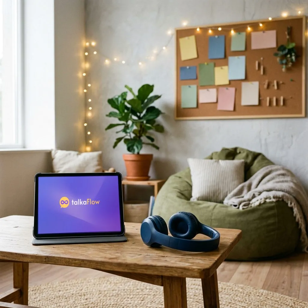 A youth wellbeing room: a tablet showing talkaFlow on a low table with headphones, a beanbag, a plant and a pinboard behind