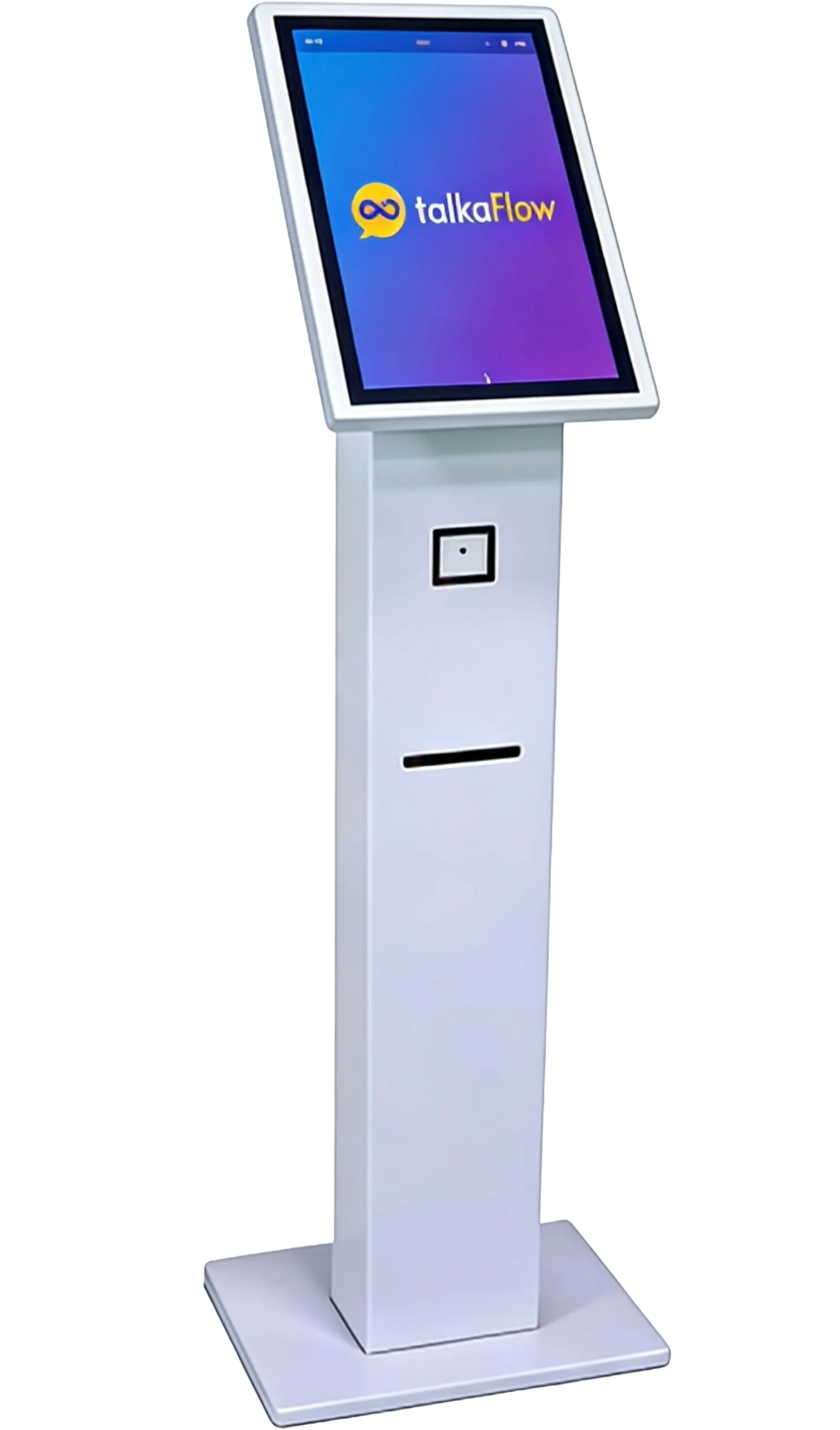 A free-standing talkaCheckIn kiosk with the talkaFlow logo on its screen
