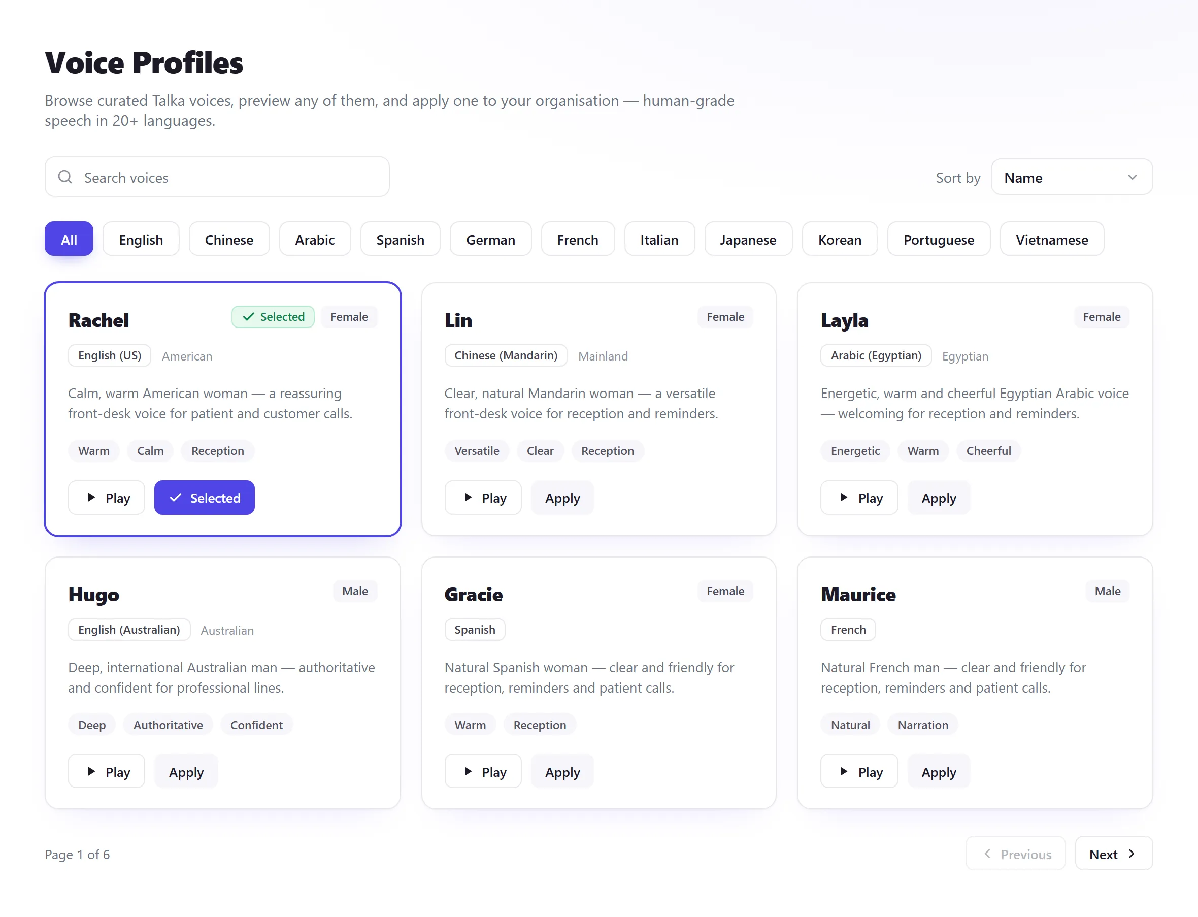 talkaFlow portal — the Voice Profiles gallery: curated multi-language voices with preview and apply, filtered by language